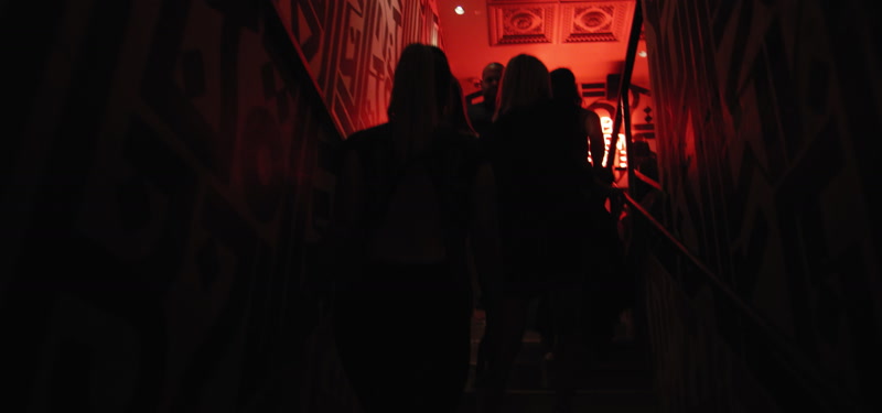 Women walking up the stairs into a club