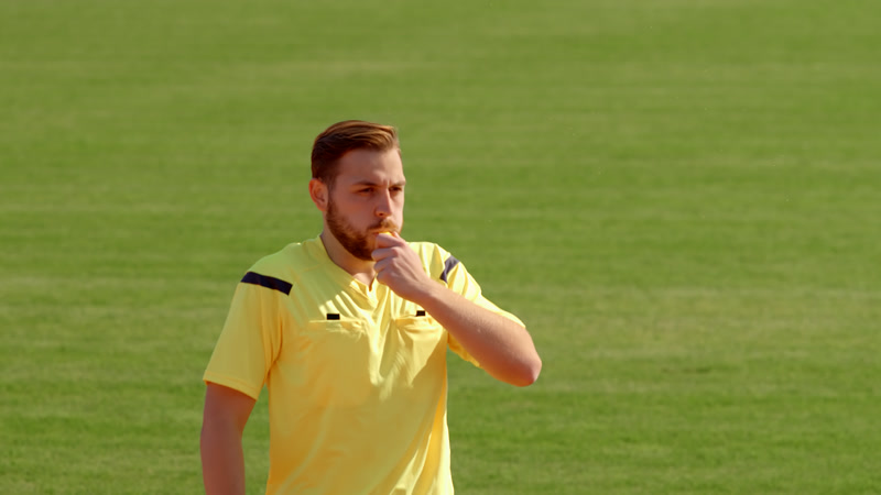 Soccer referee signaling a player